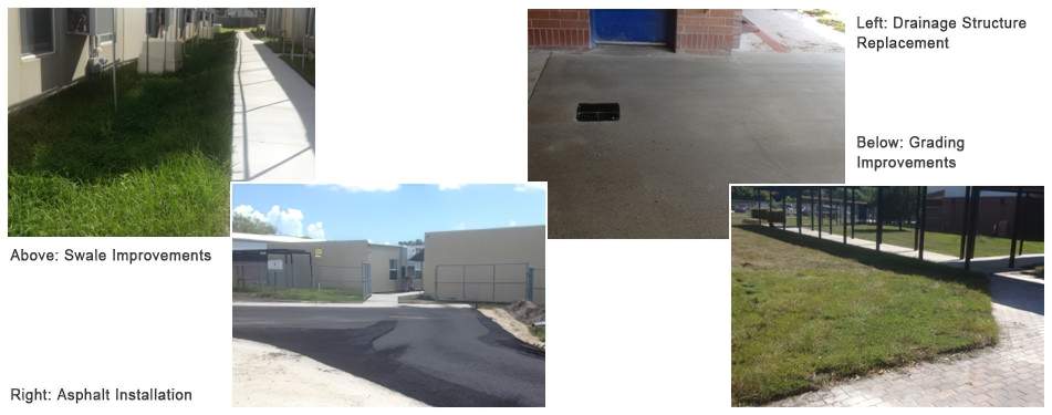 Left: drainage structure replacement Below: grading improvements Above: Swale improvements right: asphalt installation